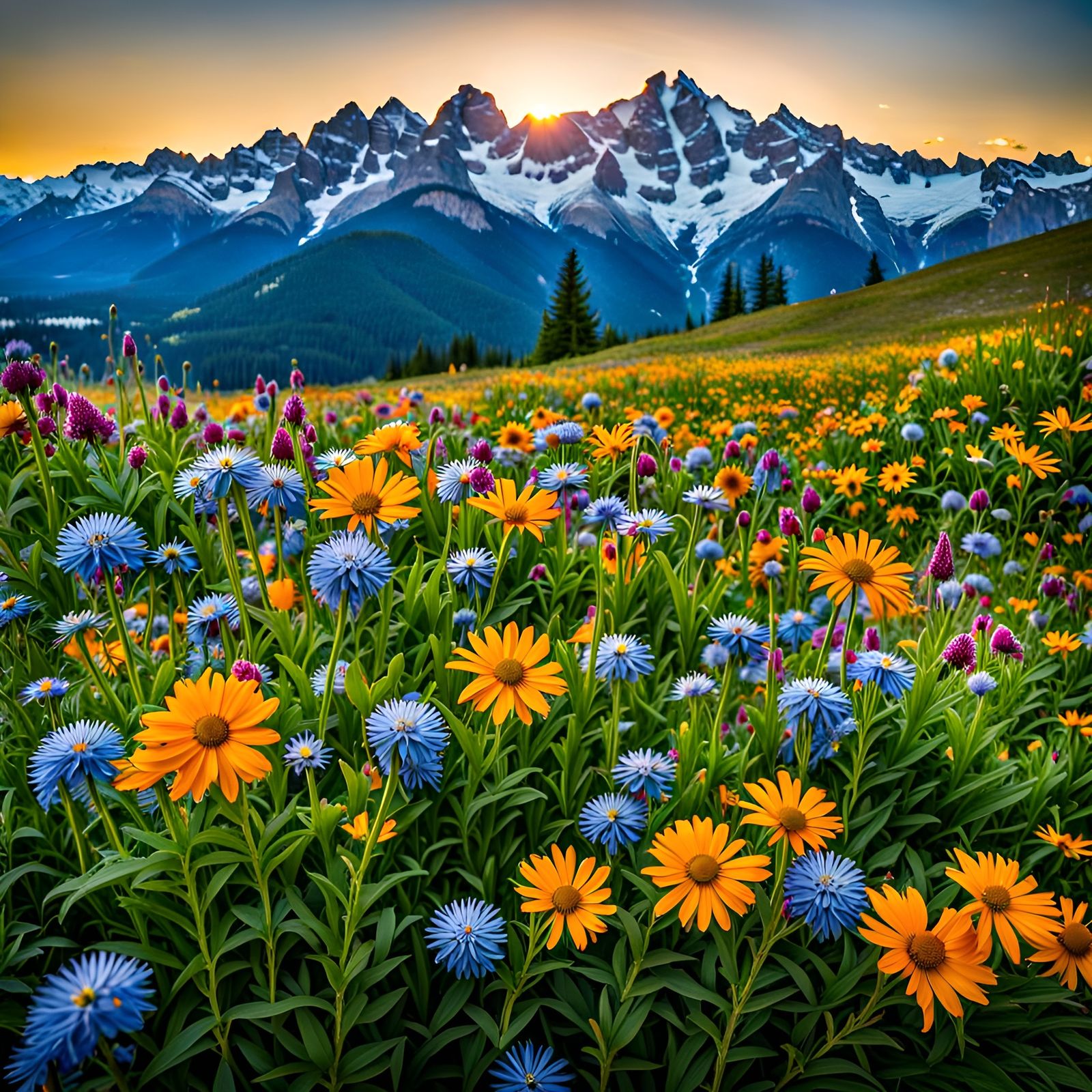 Wildflower Field with Distant Snow Mountains