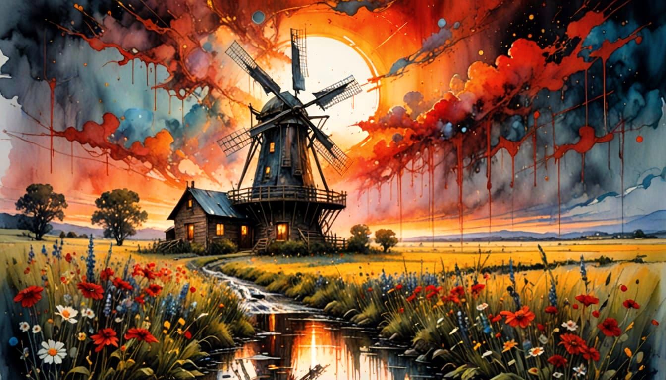 Nostalgic Windmill Watercolor Painting at Sunset