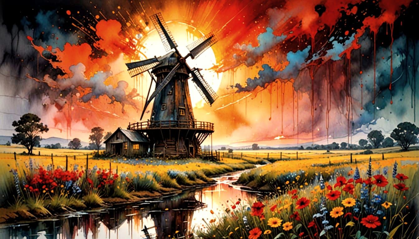 Nostalgic Windmill Sunset: Dripping Watercolor Painting