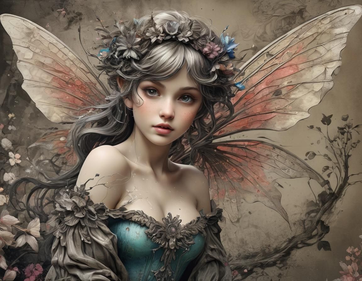 Vintage Fairy with Dried Ink and Colorsplash