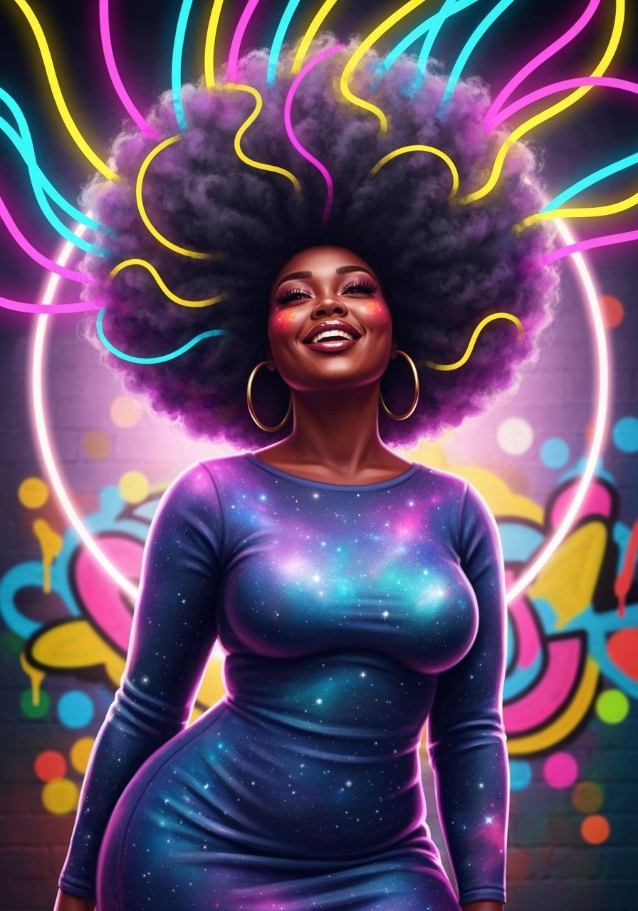 Afrofuturist Portrait of Radiant Woman with Neon Afro