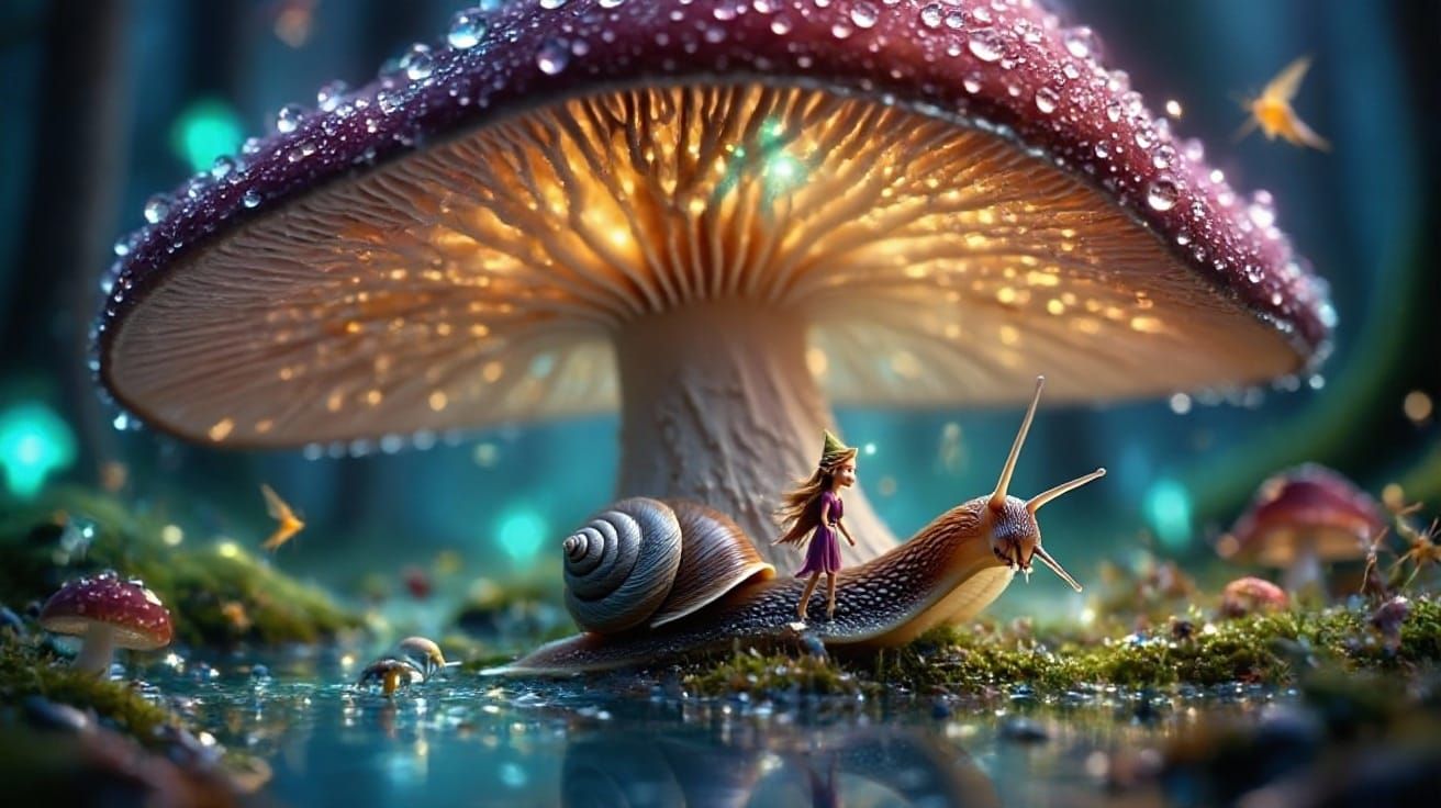 infront a vineyard snail with a beautiful elf at a forest la...