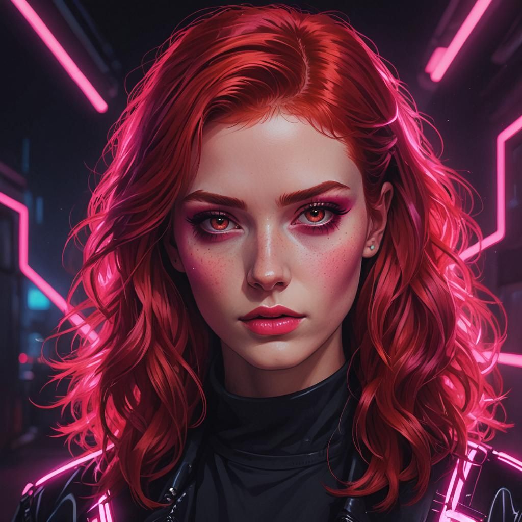 Girl with Red Hair in Synthwave Neon Style