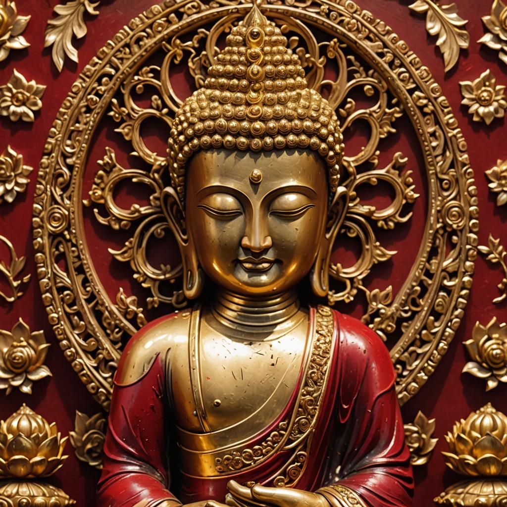 Ruby Red Buddha with Gold Trim Oil Painting