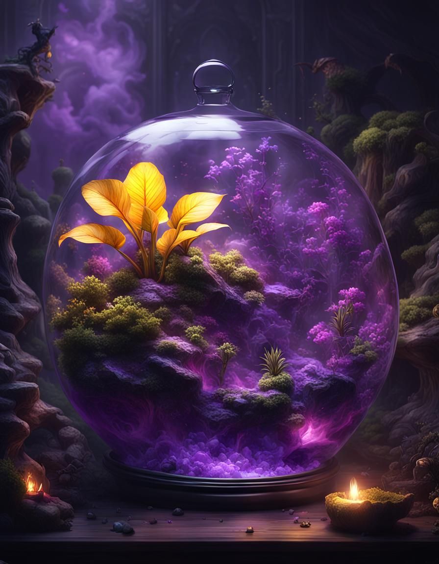 Shining Terrariums with Purple Smoke: Dark Fantasy Concept A...