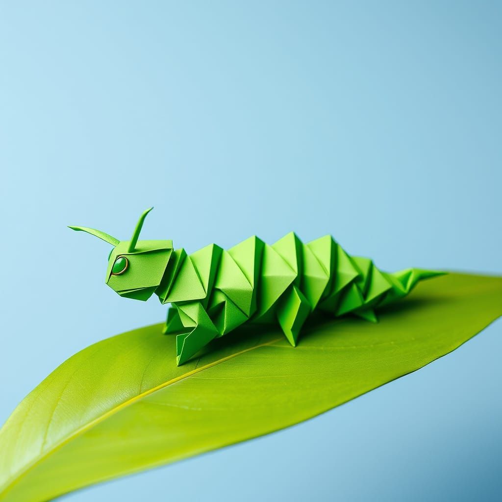Green Origami Caterpillar on Leaf in Watercolor Style