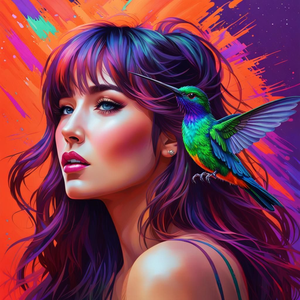 Woman with Hummingbird, Glitch Art with Metallic Paints