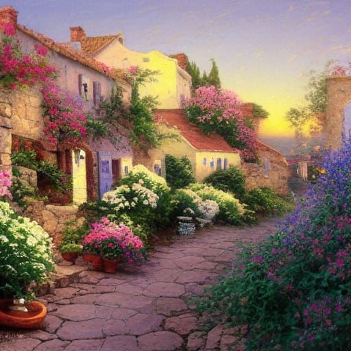 Greek Village Idyll in Watercolor