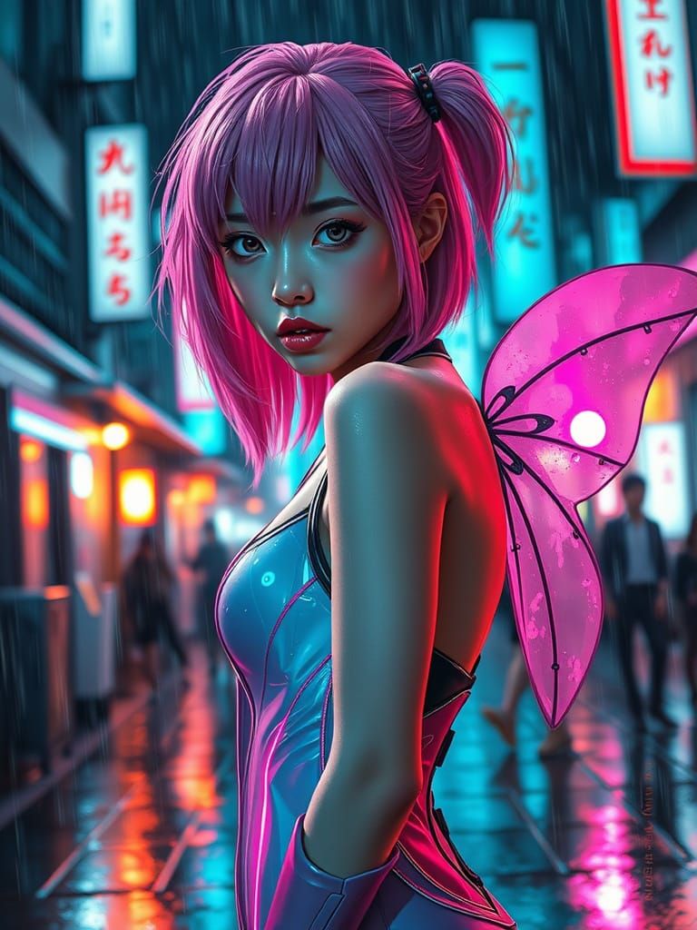Cyberpunk Fantasy Fairy in Neon Rain