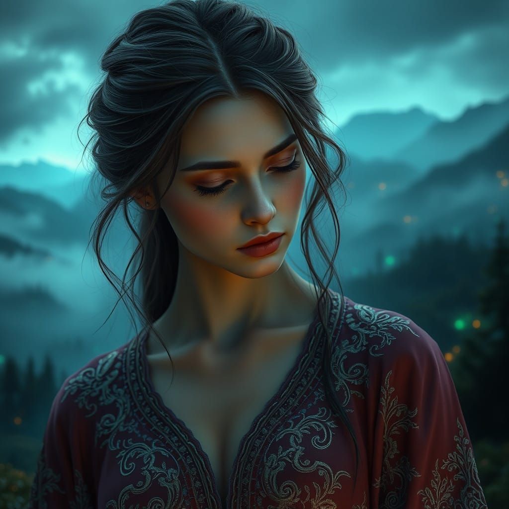 Melancholic Woman in Dreamlike Landscape