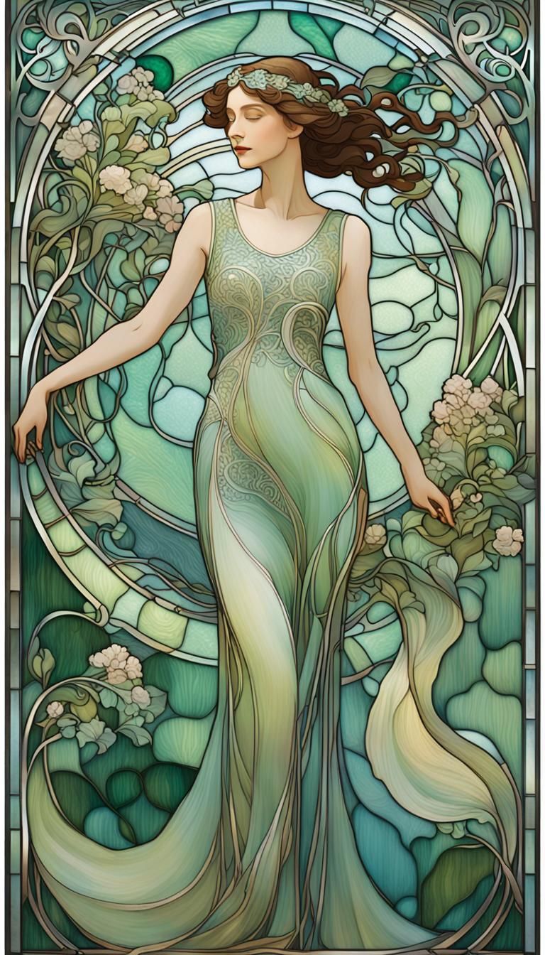 Art Nouveau Stained Glass Woman in Silver and Green