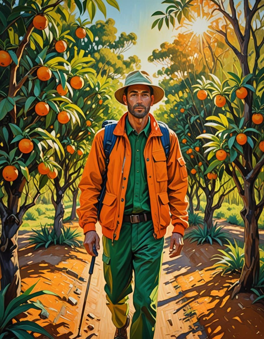 Man in Orange Grove: Fauvist Expressionist Painting
