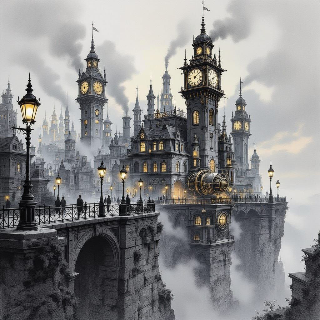 Steampunk Cityscape Pencil Drawing with Glowing Clock Towers