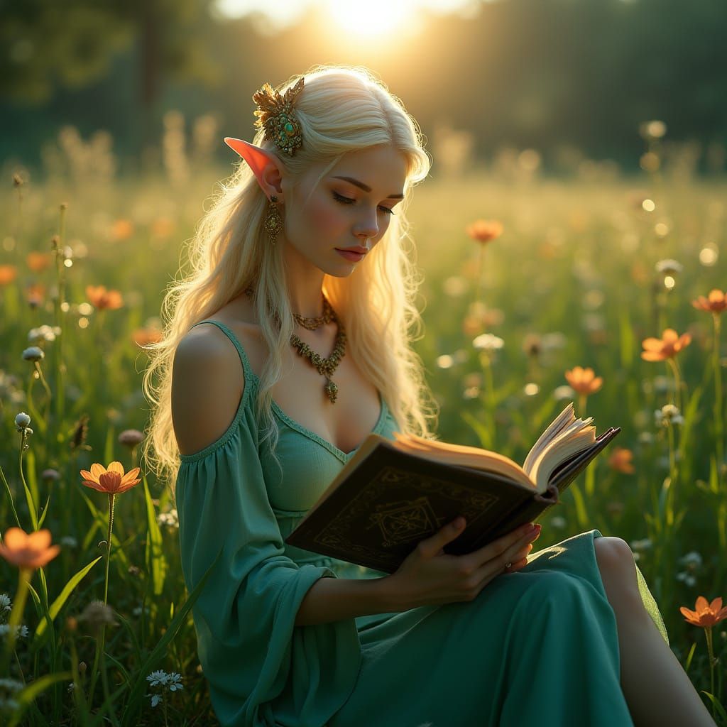 Ethereal Elven Beauty in a Dreamy Floral Scene