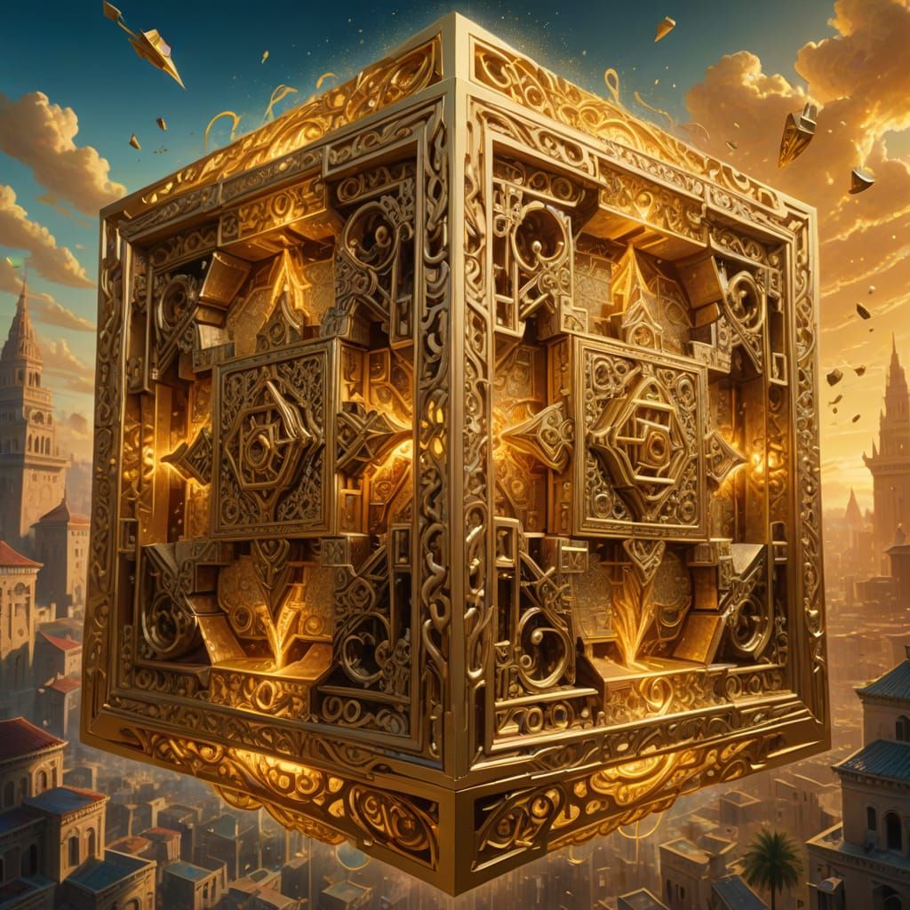 Golden Filigree Cube in Mid-Air Over Ancient Cityscape