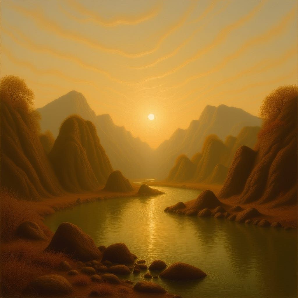 Golden Autumn Light on River Landscape Painting