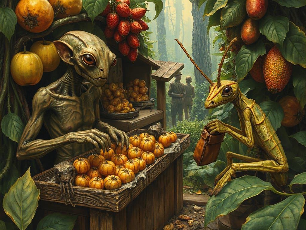 Alien Market Scene in Colorful Oil Painting Style