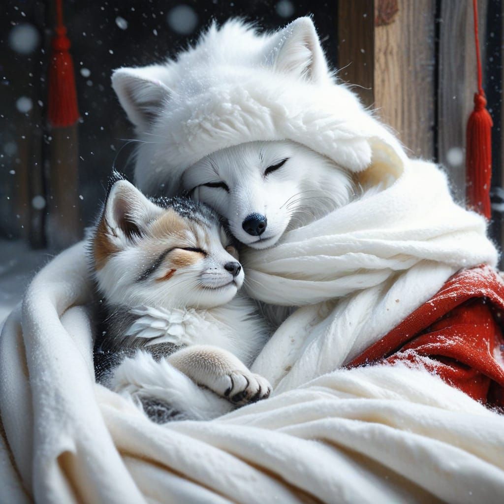 A 19th Century-Style Oil Painting of a Kitten and White Fox ...