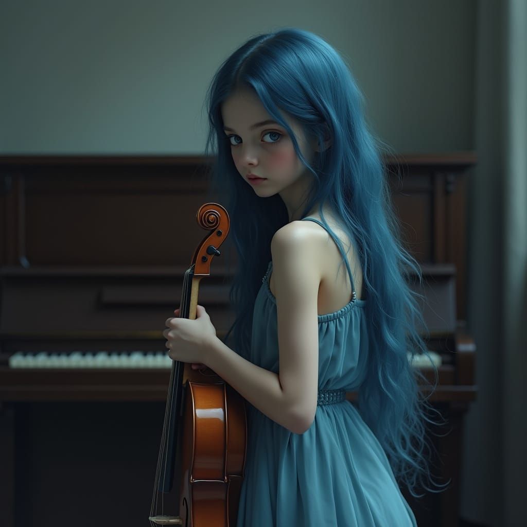 Poised Teenage Muse in Blue Haired Despair