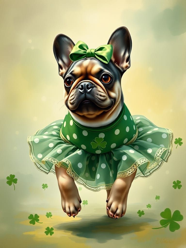 French Bulldog in Whimsical Green Polka Dotted Dress