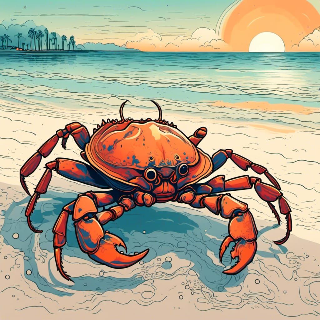 Smoky Line Art of a Crab on the Beach