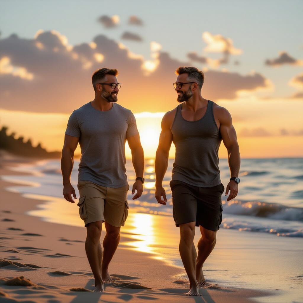 Muscular Men on Beach at Sunset, Photorealistic Style