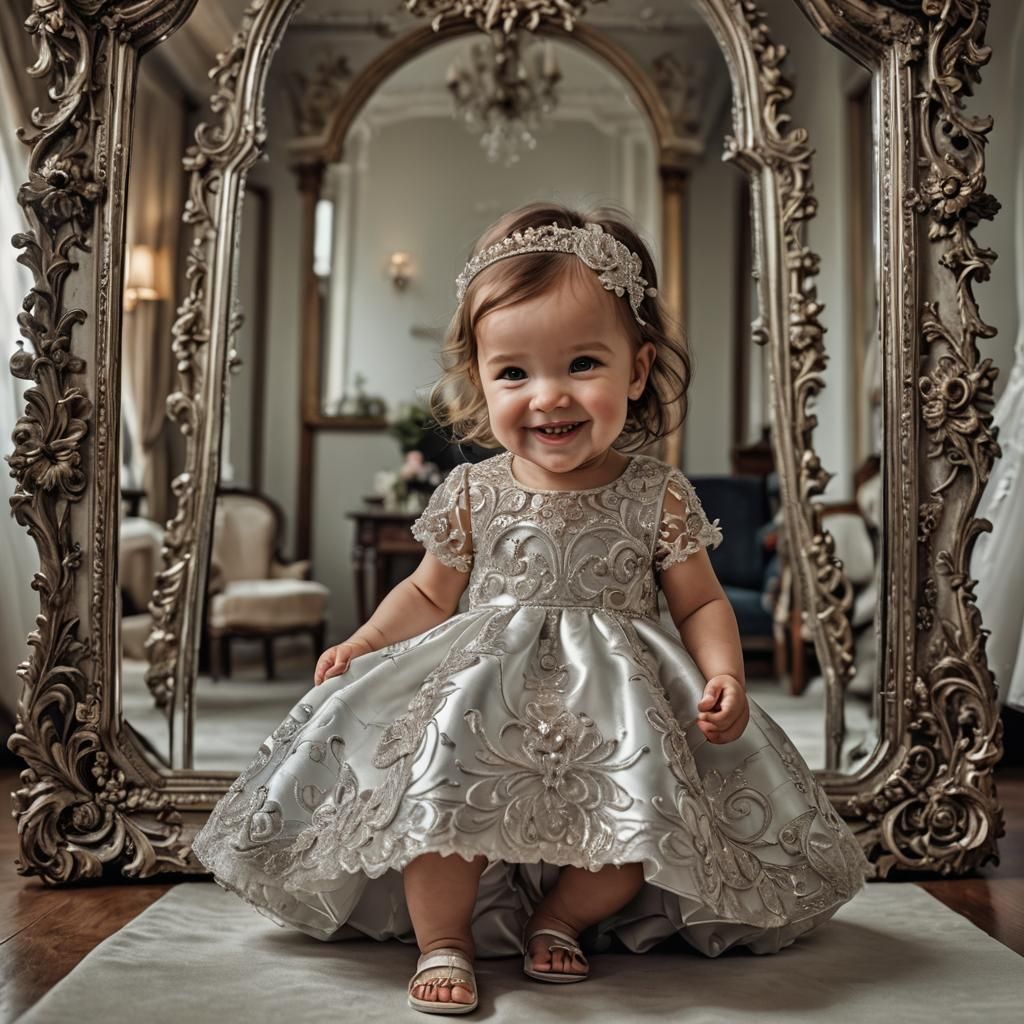 Baby Girl in Mirror Dress: Hyperrealistic Wedding Photo