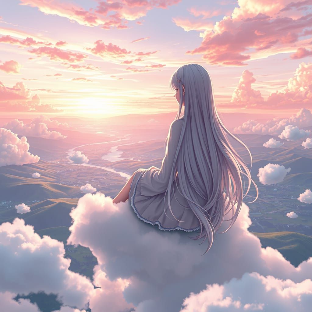 Serene Anime Girl on a Cloud in a Dreamlike Landscape