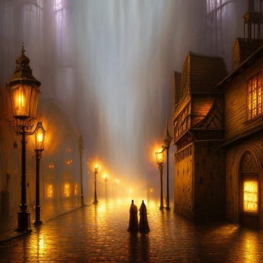 Rainy Medieval Alley with Lonely Figure in Steampunk Horror ...