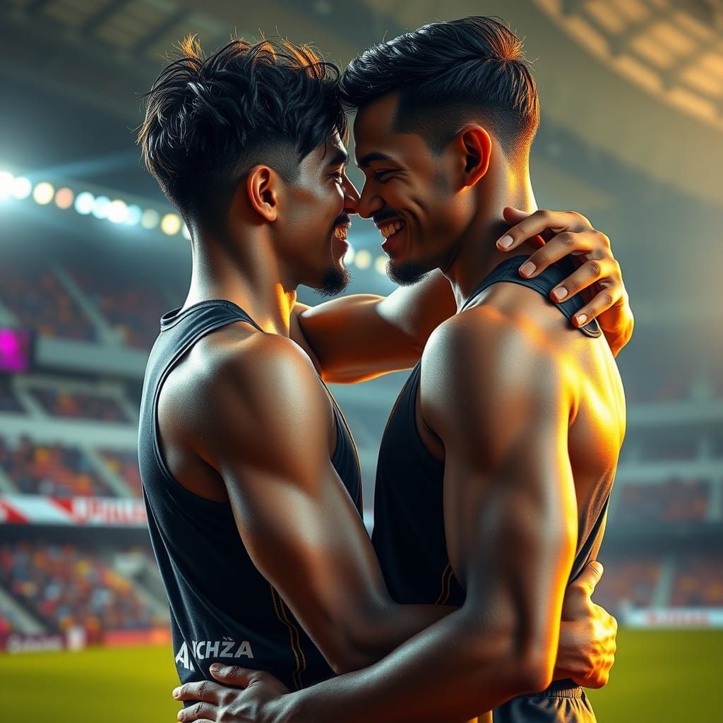 Passionate Embrace of Two Indian Athletes in Stadium