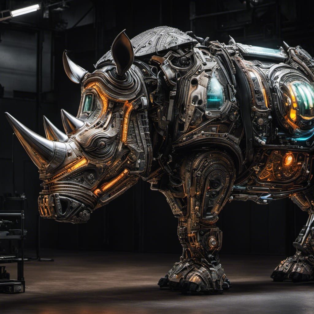 Cyberpunk Robotic Rhinoceros with Glowing Eyes