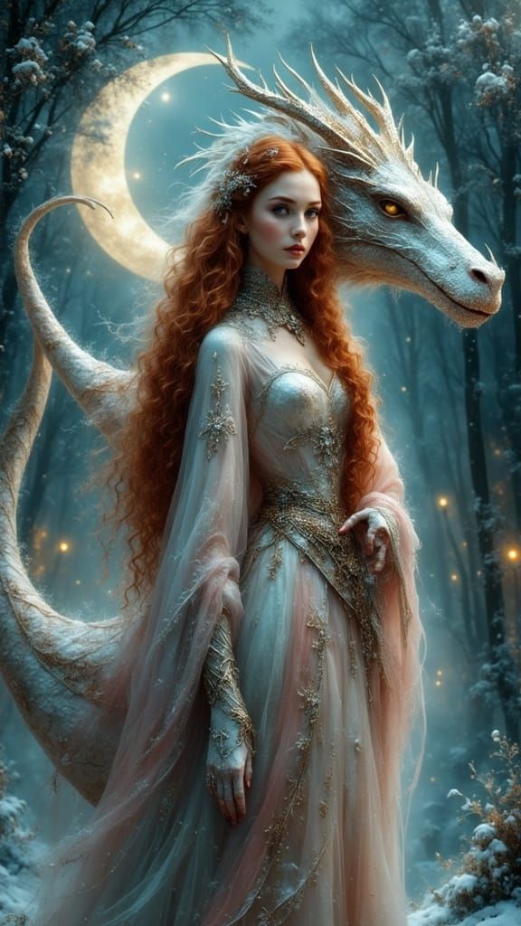 Ethereal Woman Rides Majestic Dragon in Glowing Forest