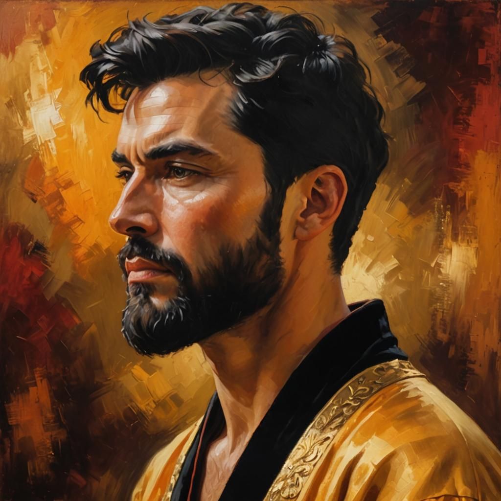 Bearded Man in Orange Robe as Impasto Oil Painting