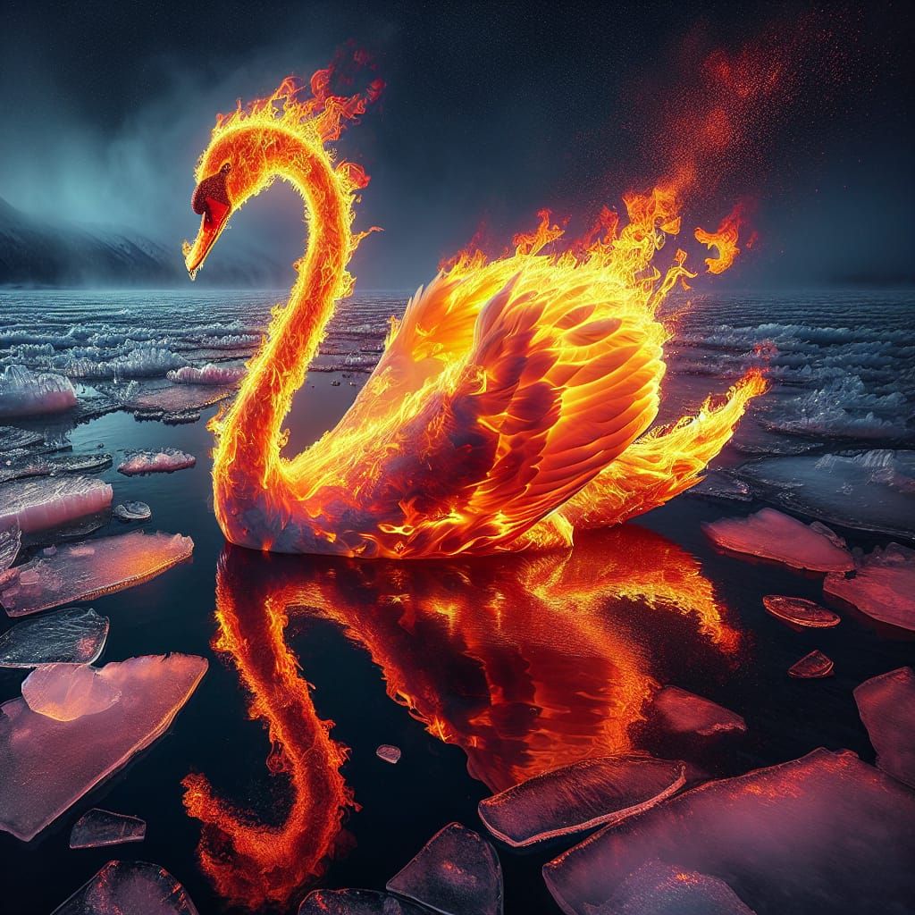 Surreal Swan of Radiant Embers Conquers Frozen Lake