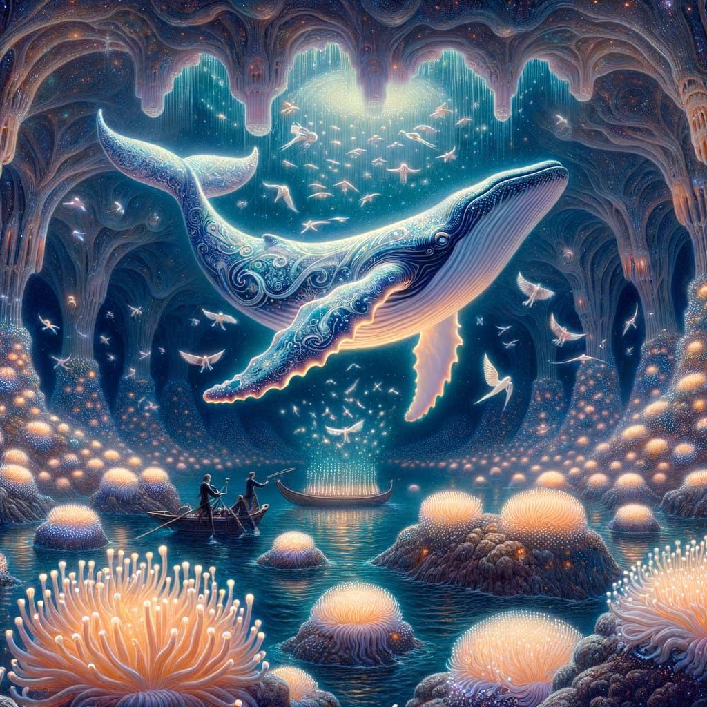 Whale Maestro Leads Bioluminescent Symphony in Cavern