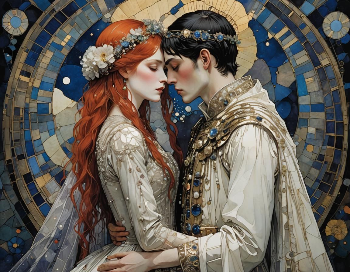 Romantic Embrace in Stained Glass Style