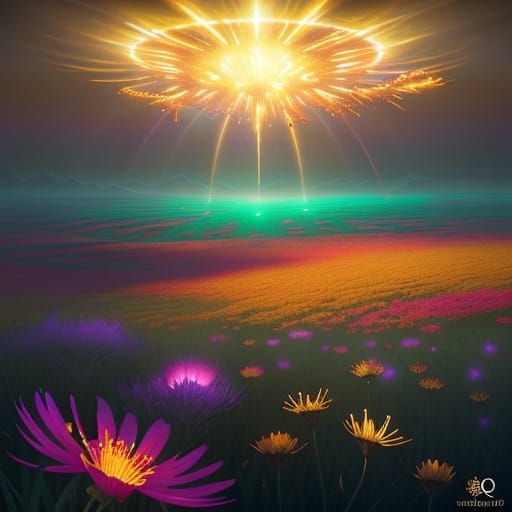 Bioluminescent Oil Spill in a Flower Meadow