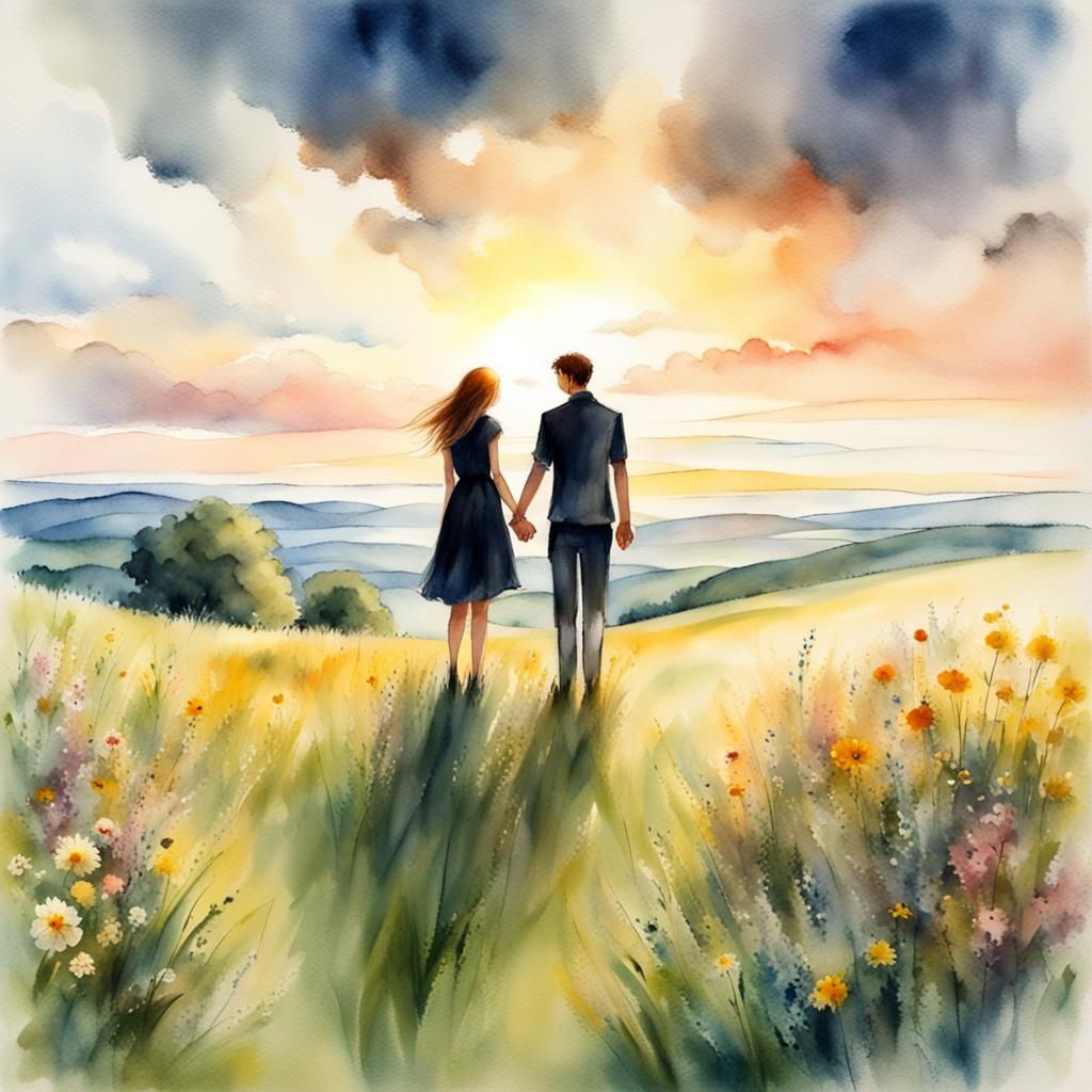 Lovers Holding Hands in Summer Landscape Watercolor