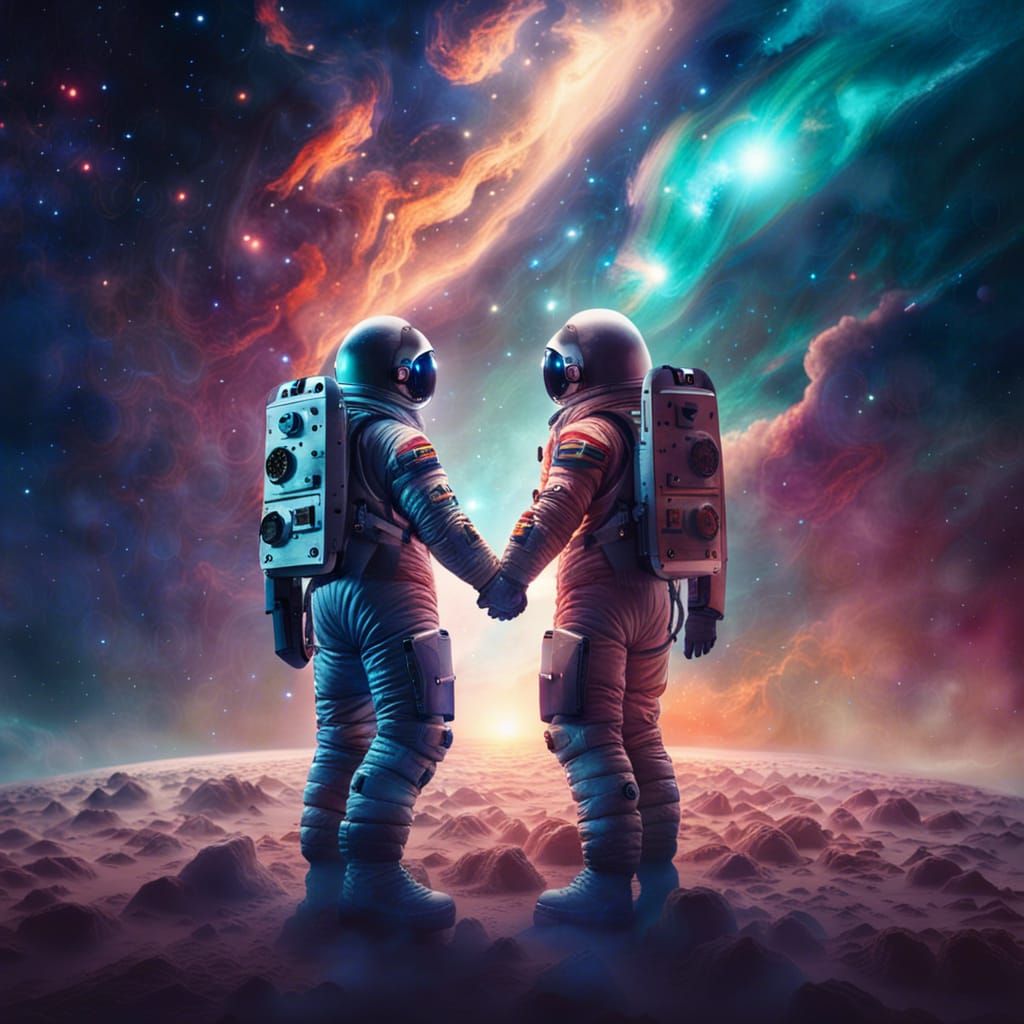 Cosmonauts Holding Hands in Space, Matte Painting