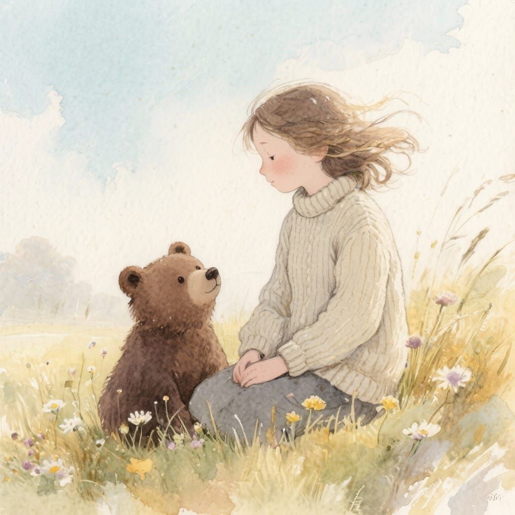 Girl and Bear Cub in Whimsical Watercolor Meadow