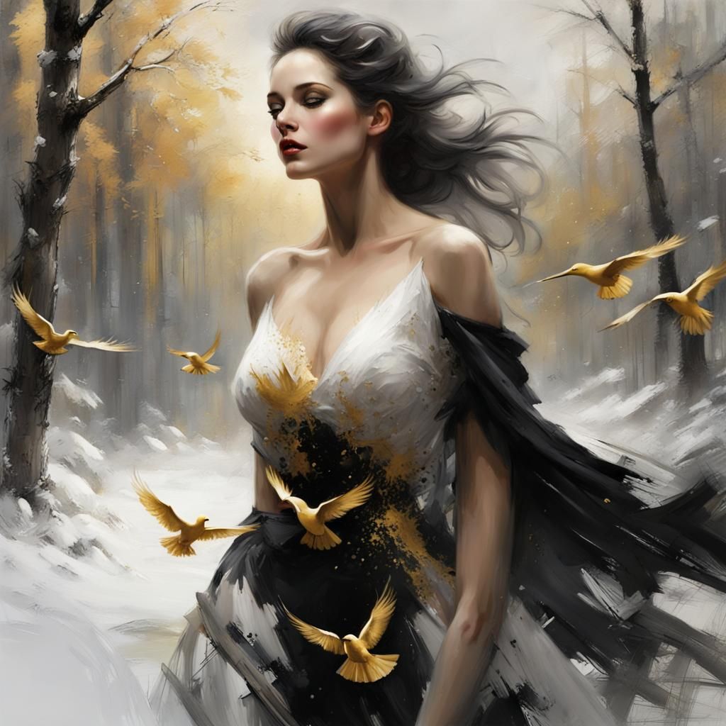 Woman with Golden Birds in Snowy Forest