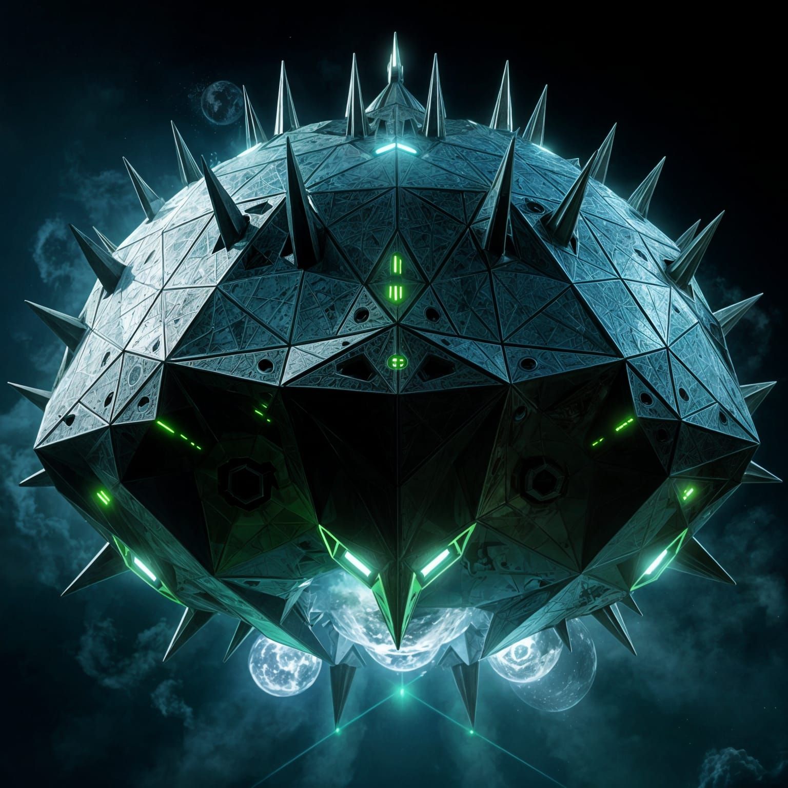 Gigantic Futuristic Dodecahedron Spaceship Destroyer in Dark...
