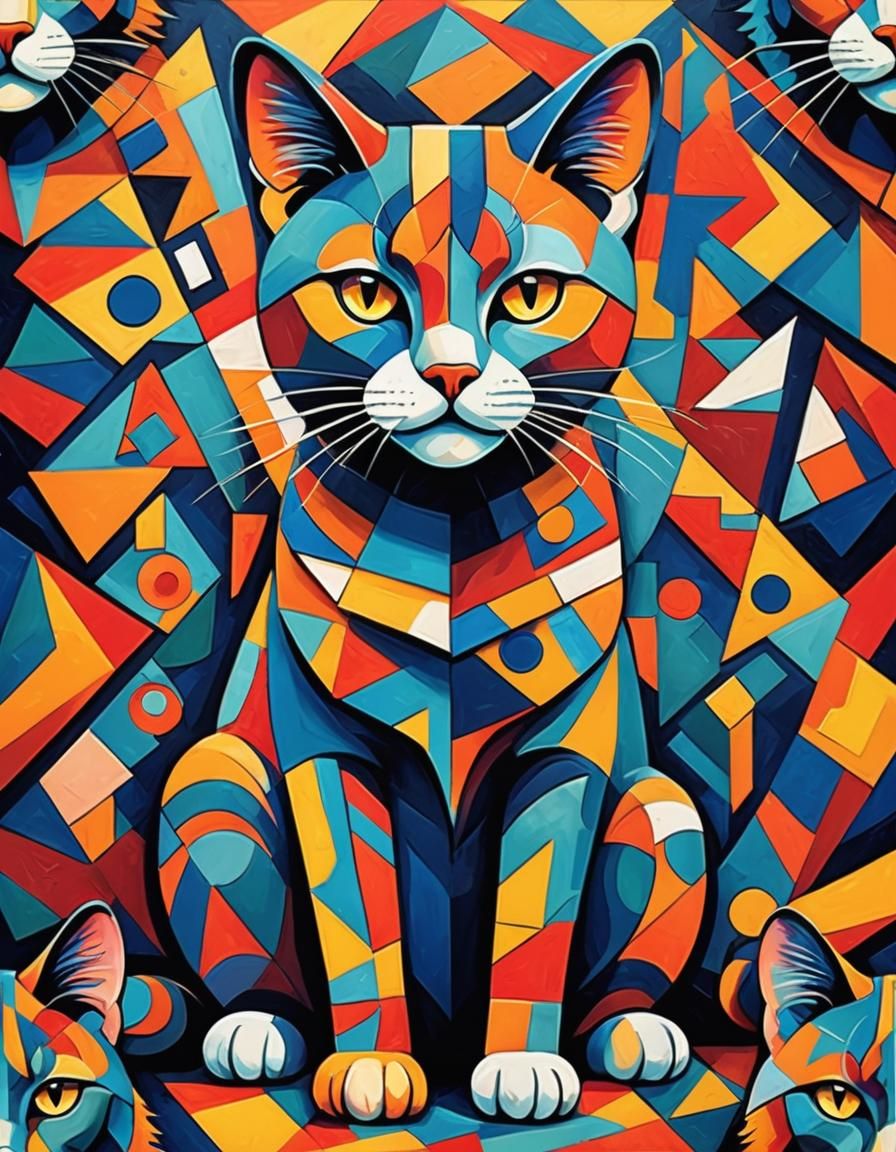 Psychedelic Cubist Cat in Vivid Colors
