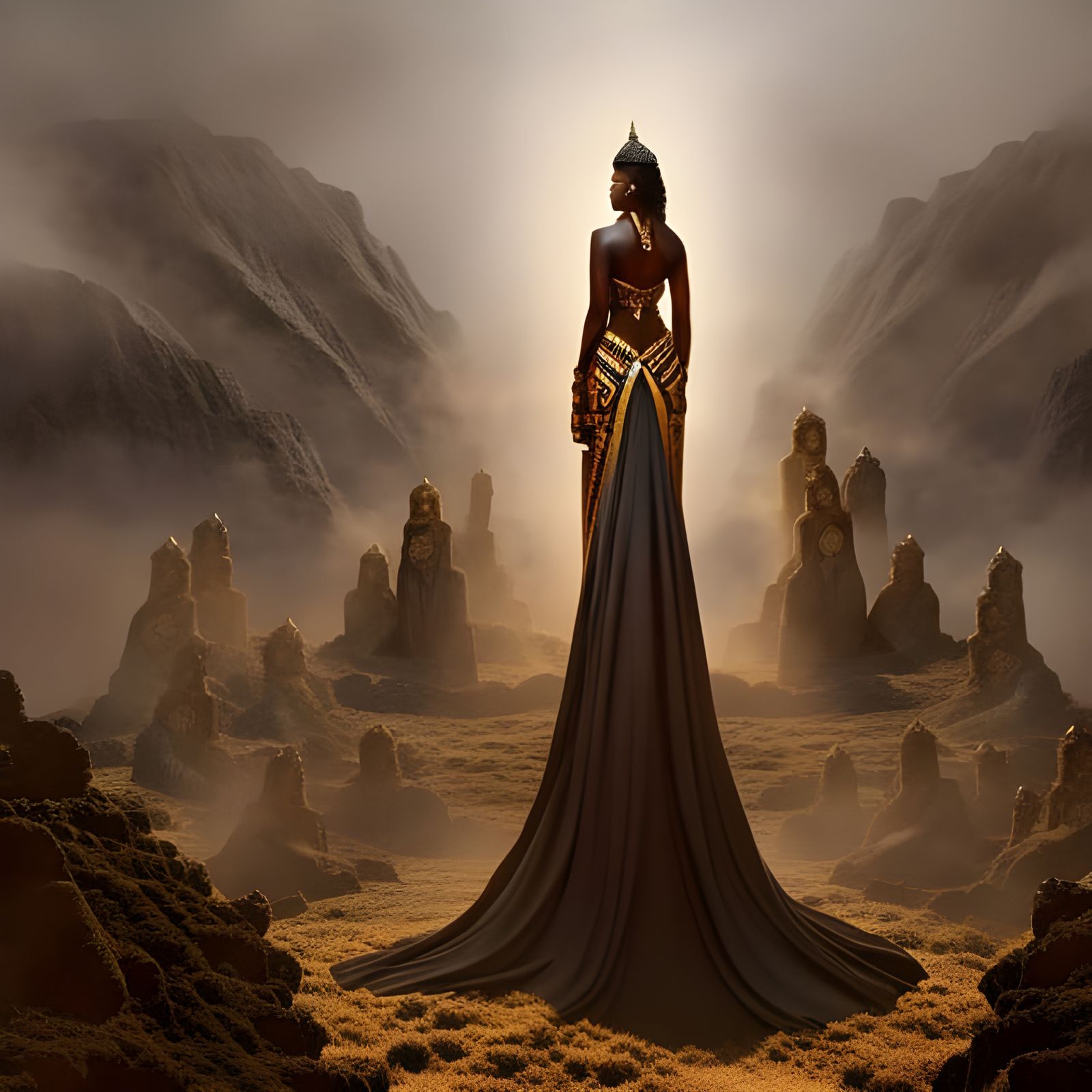African Queen Goddess on Throne: Epic Digital Painting