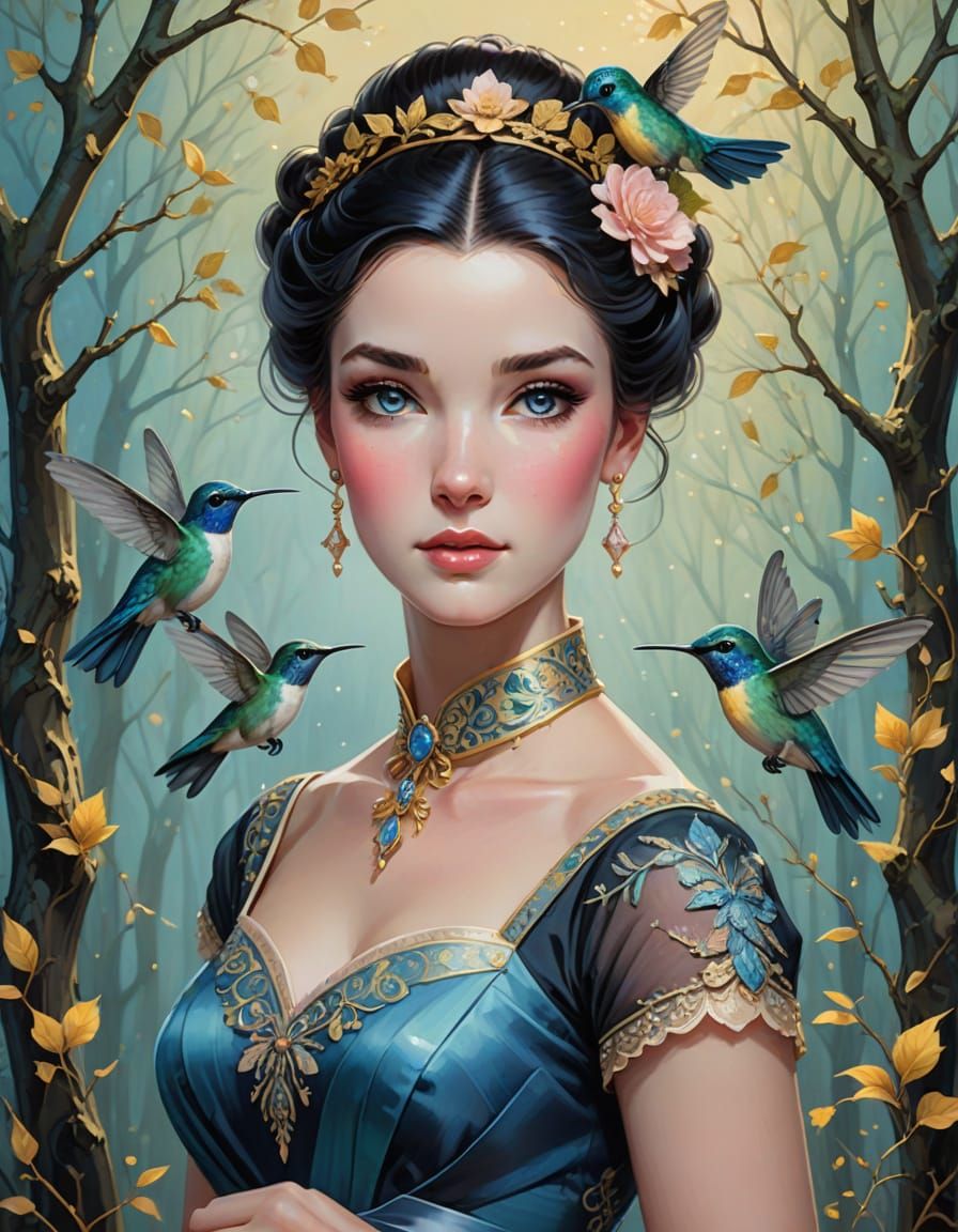 Elegant Woman with Hummingbird in Dreamlike Forest
