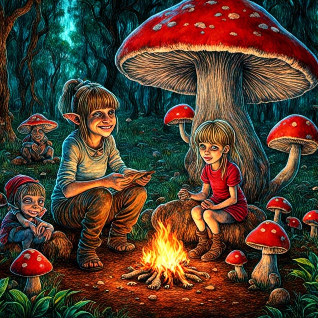 Fairy, Girl, and Troll in Forest, Van Gogh Style