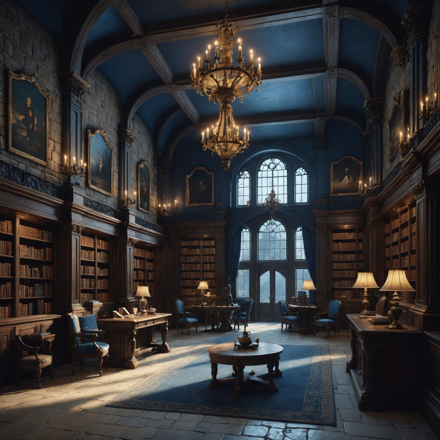 Royal Manor Library with Blue Accents: Detailed Matte Painti...