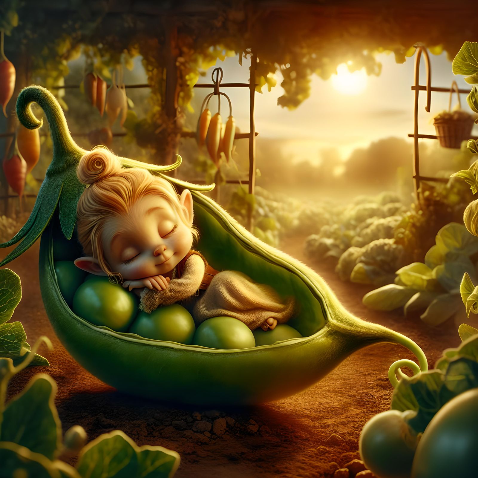 Sleeping Fairy in Pea Pod, Watercolor Illustration