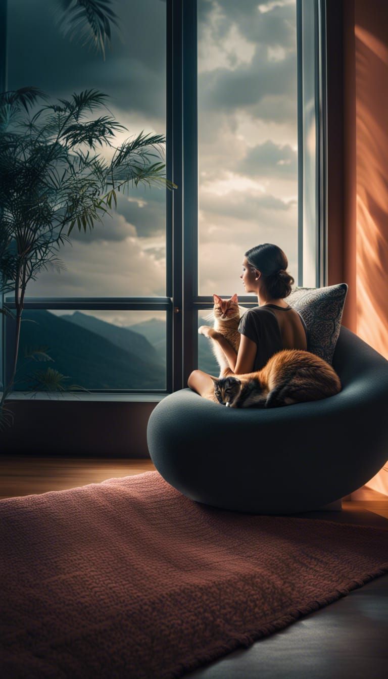 Woman and Cat Relaxing in Lounge Chair