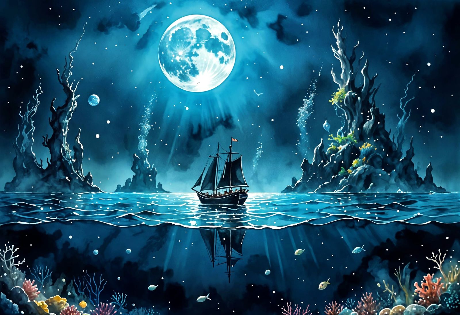 Underwater Moon: An Artistic Watercolour Dreamscape